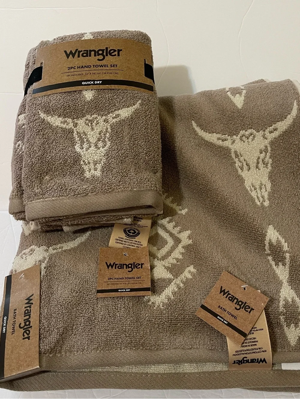 Wrangler Western Steer Skull Design 2 Bath Towels & a Set of Hand Towels - NWT *